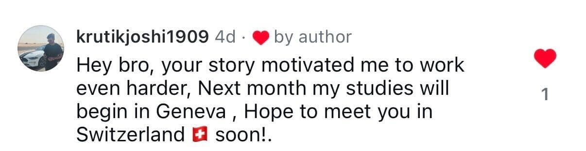 An Instagram comment about feeling motivated to study in Geneva